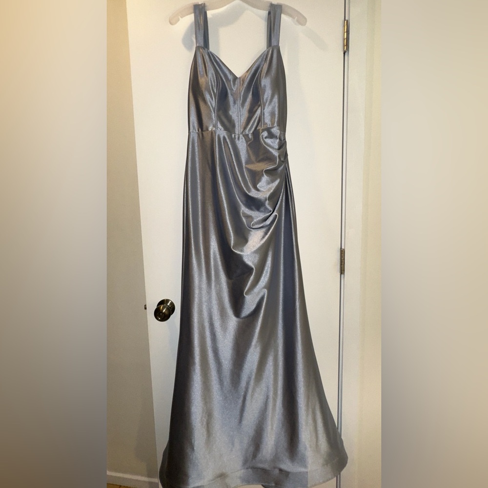 David’s Bridal Galina Signature Dusty Blue Sculpting Satin Tank Dress Size 8 - Picture 3 of 16